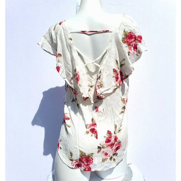 Active USA White Floral Blouse Size M Designed in Los Angeles Ruffle Flowy Artsy - Picture 3 of 9